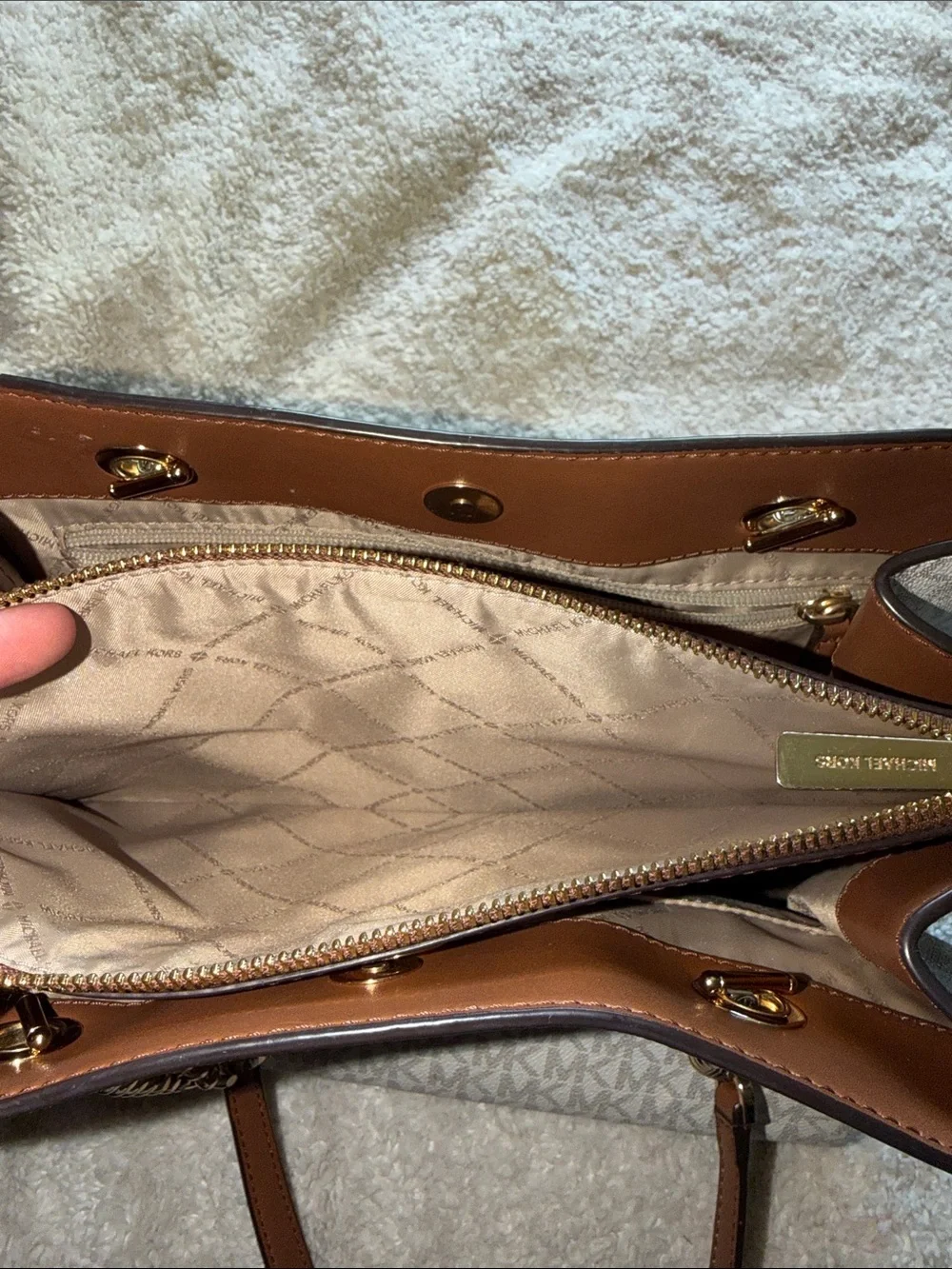 Authentic Michael Kors Beige/Acorn Logo Chain-Handle Tote